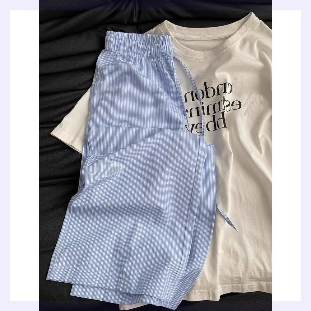 Blue Ice Silk Stripe Pants Women's Casual Summer Spring Wide Leg Pants Small Size Sembach Trousers High Waist Loose Fit