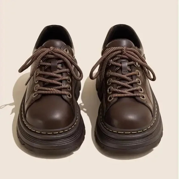 Womens Derby Shoes Autumn British Style Female Footwear Loafers With Fur Round Toe Clogs Platform Casual Sneaker Leather