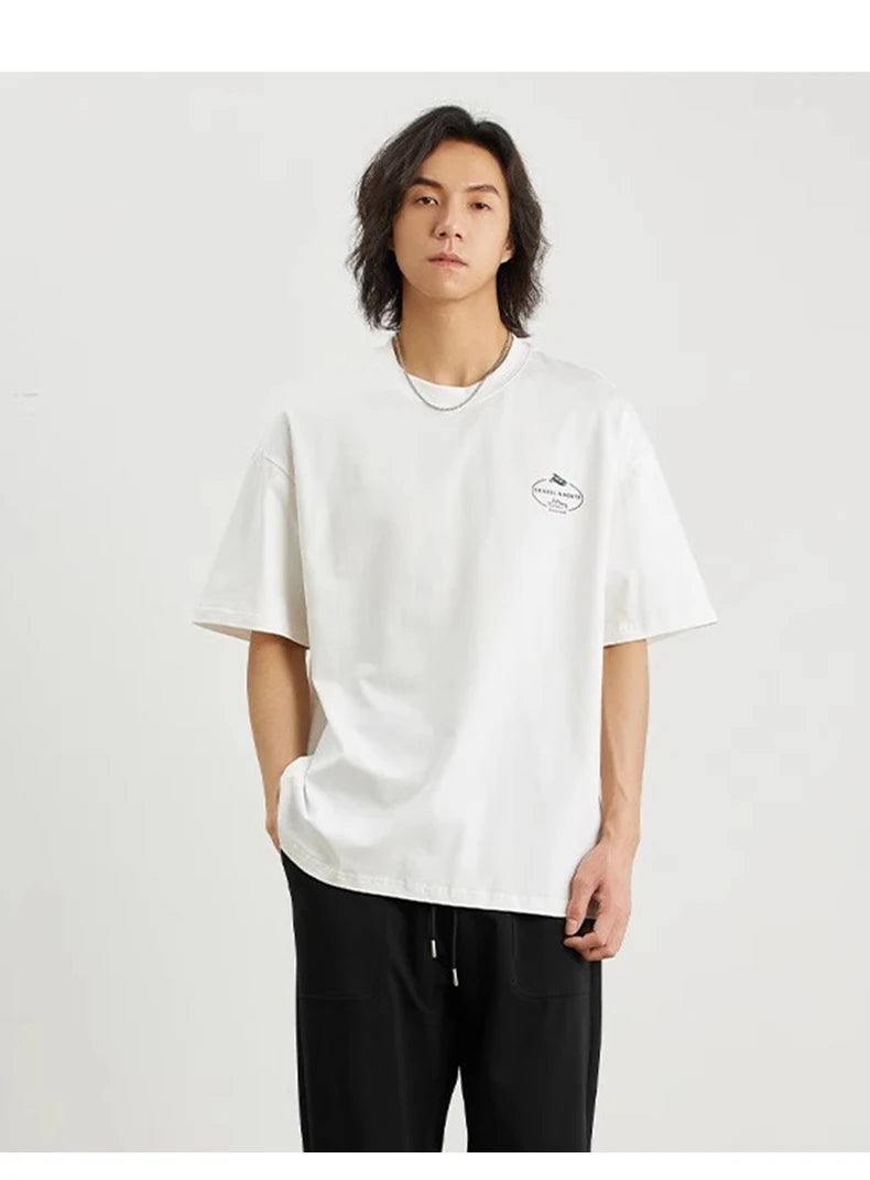 100% Cotton Men's Printed T-shirt 2025 Summer New Fashion American Loose Short-sleeved Round Neck Half-sleeved Top Men Tshirt
