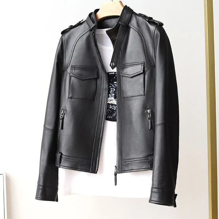 Autumn Clothes Women Genuine Sheepskin Short Locomotive Jaqueta Feminina Stand Collar Slim Vintage Versatile Brown Leather Coat