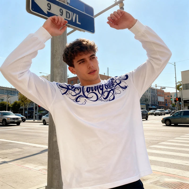 100% Cotton White Long Sleeves T-shirt Men 2025 Autumn New American Retro Street Oversize T-shirt Casual Y2k Top Men clothing