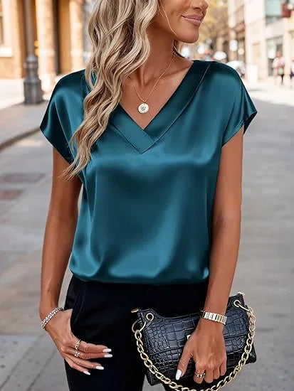 Women's Summer New T-shirt Casual V-Neck Short Sleeve Blouse Business Casual Tops Satins Silk Summer Shirt Work Solid Color Tops