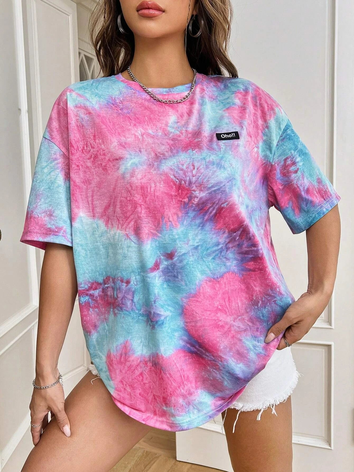 Summer Women TShirt Tie Dye Letters Drooping Shoulders Oversize Loose Short Sleeve Harajuku Y2k Casual Streetwear Women Clothing