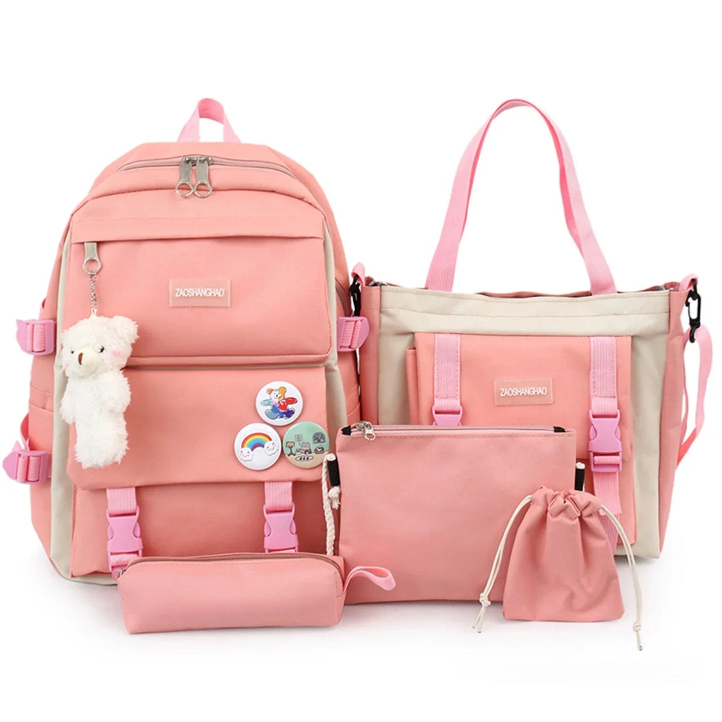 5PCS Kit Backpack Female Fashion Lady High Capacity Waterproof College Trendy Girls Laptop School Bags Cute Girl Travel Book Bag