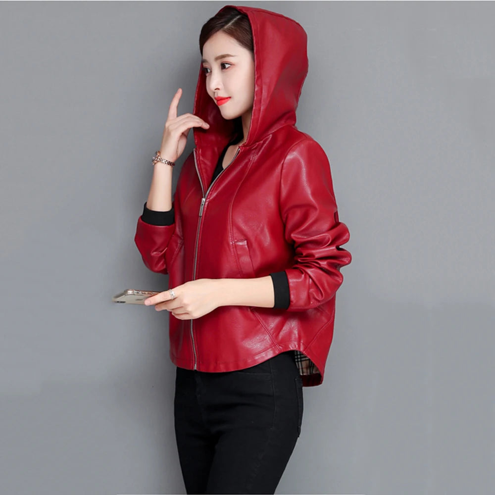 New Women Casual Leather Jacket Spring Autumn Fashion Hooded Zipper Split Leather Loose Outerwear Short Sheepskin Tops Coat