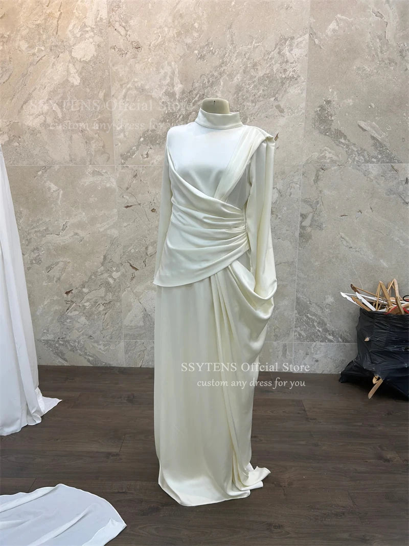 SSYTENS Modern Muslim Wedding Dresses Floor Length Bride Party Dresses Solid Satin Bridal Gowns Vestidos de Novia Customized