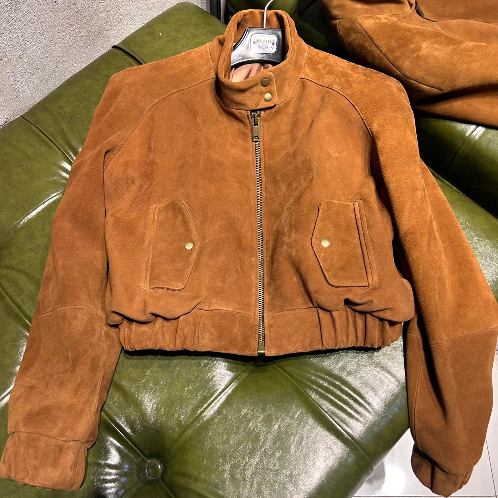 Cropped Suede Brown Women Jacket Drop-shoulder Real Leather Jackets 2025 New Outerwear