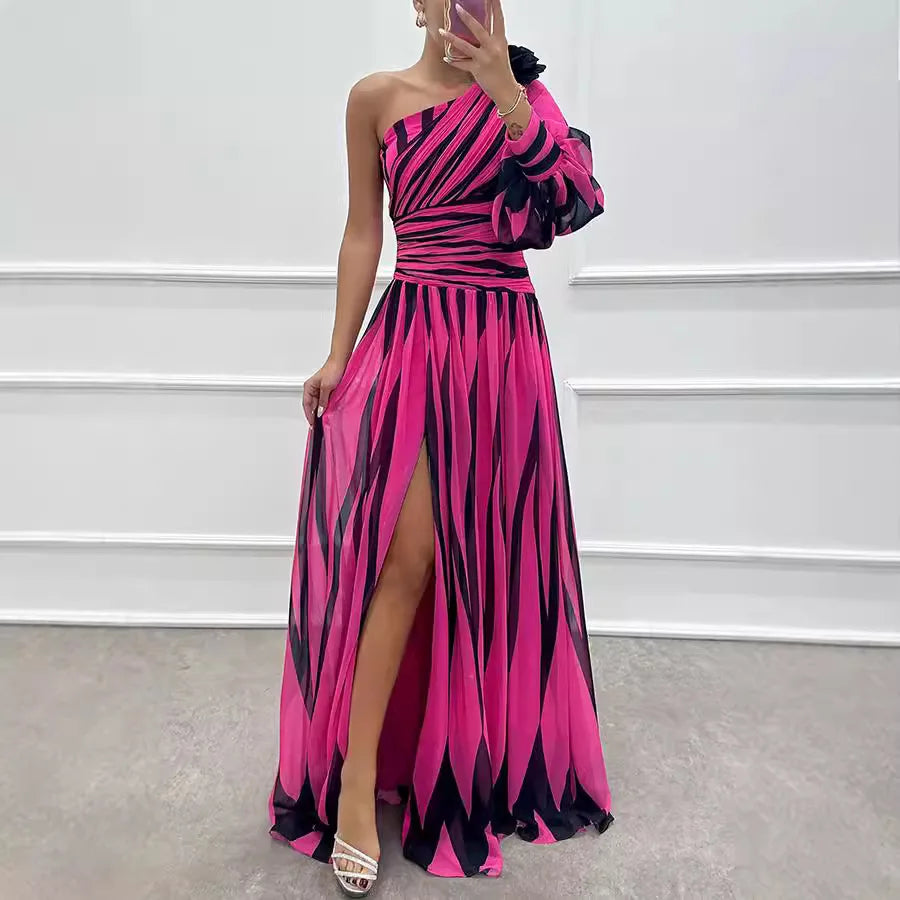 Dress Long Dress 2024 Spring and Autumn New Temperament Fashion Printed Slant Shoulder Split Dress INS Casual Loose Party Dress