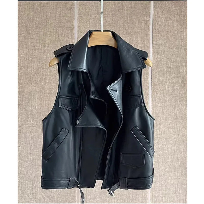Women's Genuine Leather Vest Sheepskin Short Design Suit Collar Spring Autumn Fashion Outerwear