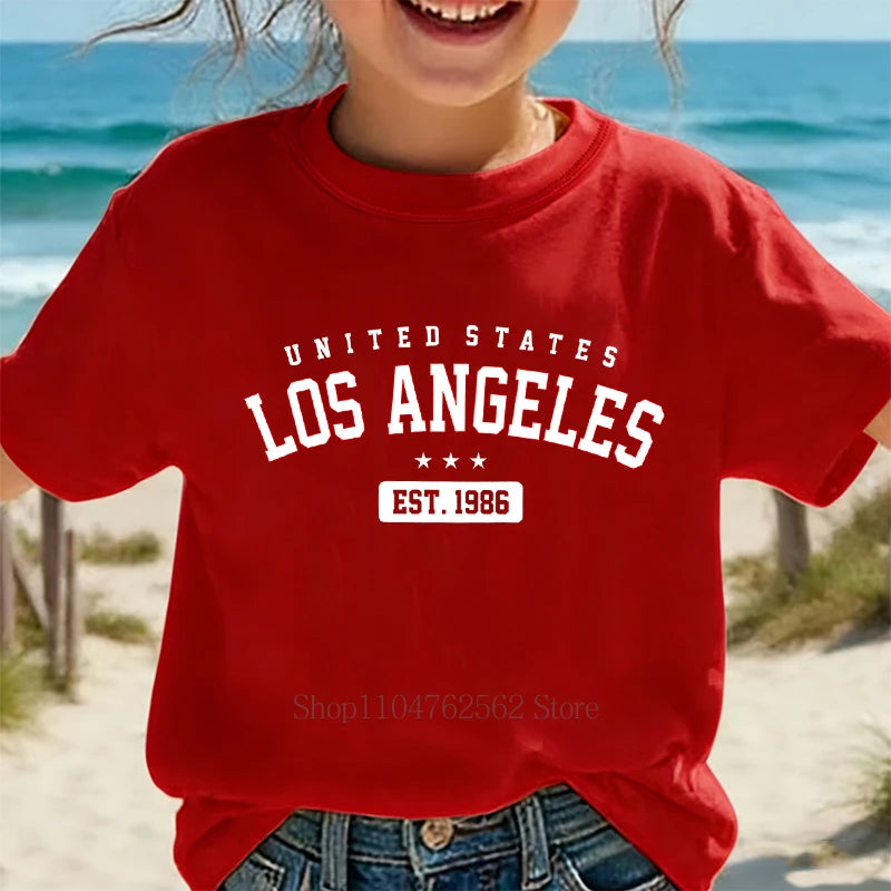 Summer Children Casual Fashion T-shirts Los Angeles Graphic Print Colorful Tops Girls Boys O-Neck Loose Short Sleeve Kids Tees