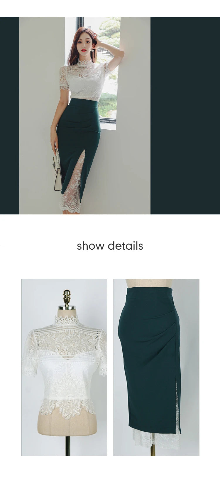 Summer Women Clothes Fashion Elegant 2 Pieces Outfit Sheer Sexy Lace White Tops Shirt Blouse And High Waist Midi Skirt Mujer Set
