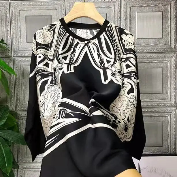 Simulated Silk Top with Draping Effect and Brand Bat Sleeves Retro Printed Loose Satin Chiffon Shirt for Women