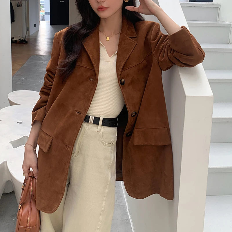 100% Lambskin Leather Jacket Women 2025 Fall Retro Brown/Coffee Imported Suede Kid Leather Blazer Coat Femme Casual Loose Jacket