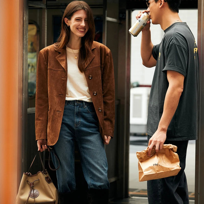 100% Lambskin Leather Jacket Women 2025 Fall Retro Brown/Coffee Imported Suede Kid Leather Blazer Coat Femme Casual Loose Jacket