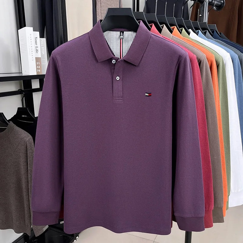 100% pure cotton autumn and winter high-end men's POLO shirt fashion brand embroidery business casual lapel long sleeved shirt