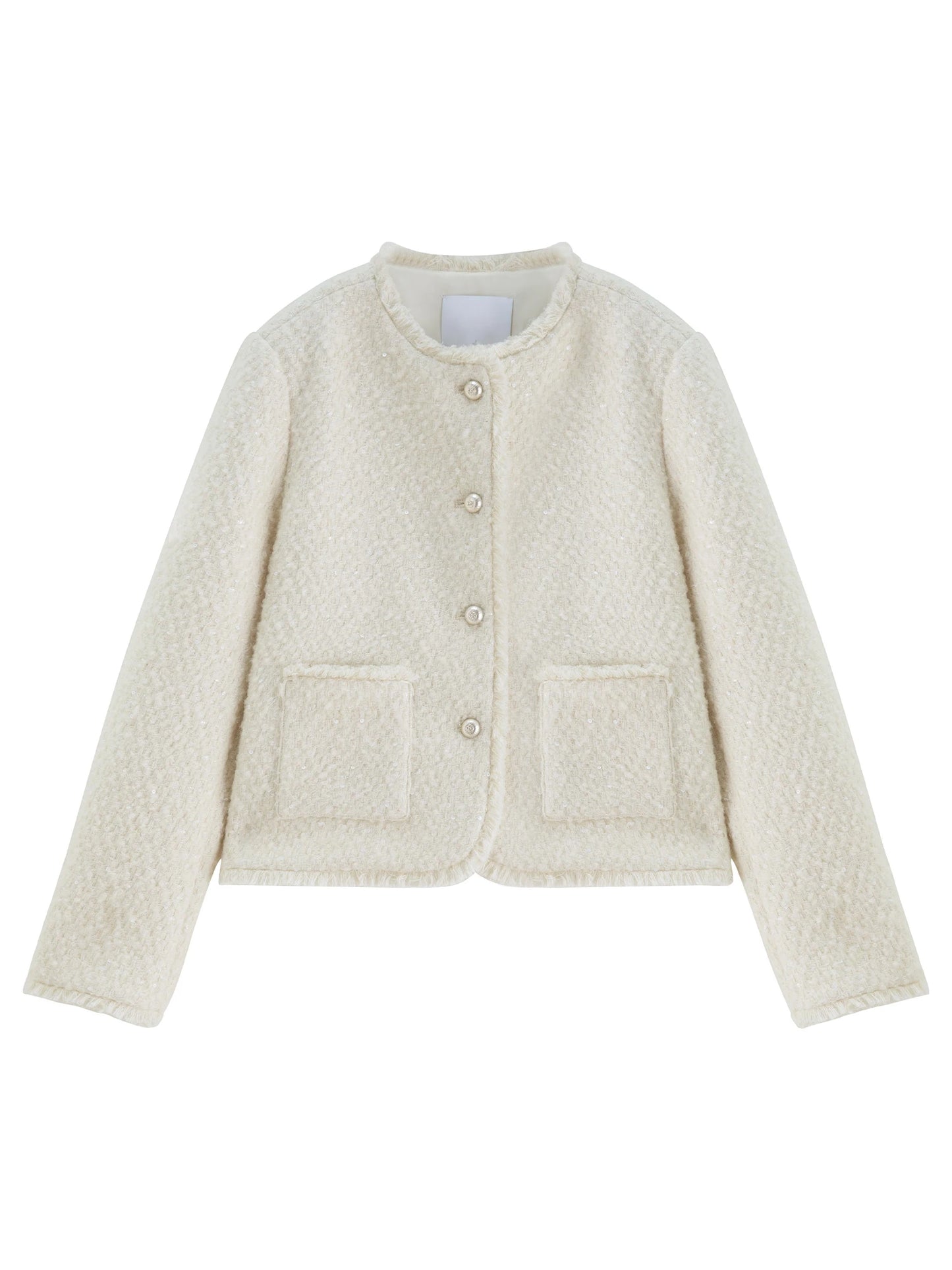 ZIQIAO Straight Shoulder Wool Sequined French Style Jacket for Women 2025 Autumn New White Top Elegant Ladies