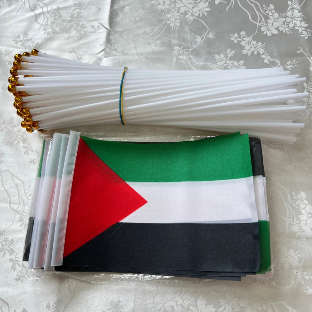 Palestine Flag 14x21cm Portable Hand Waving Palestinian Banner Polyester Fade-Resistance Plastic Flagpole for Events