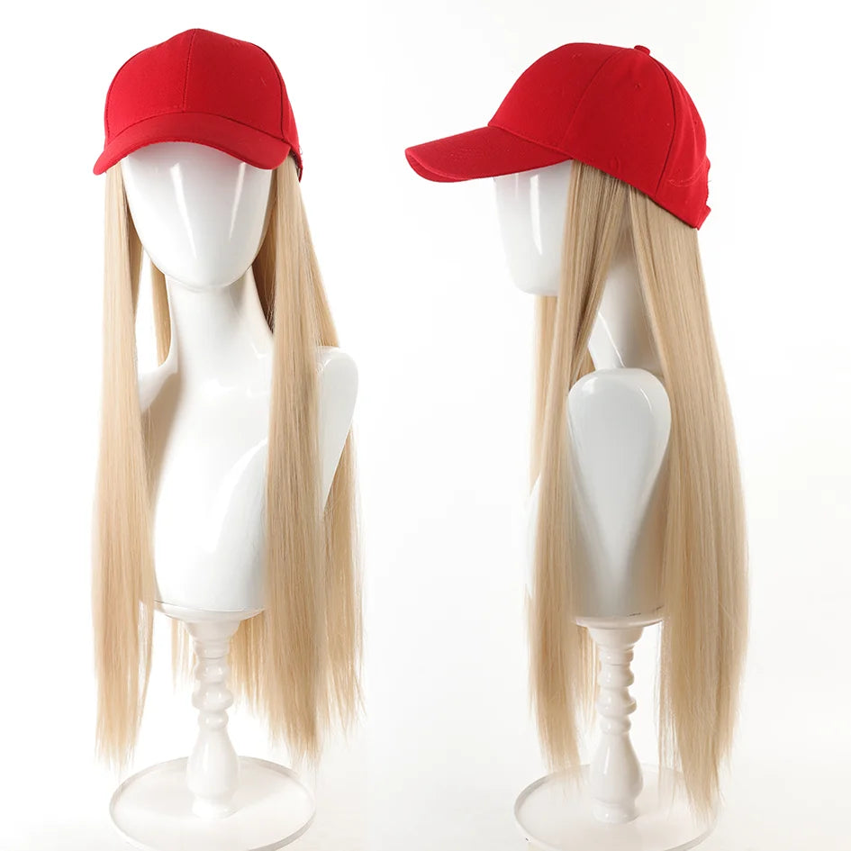 Hat Wigs-synthetic 22inch red baseball cap straight hair wig ducktail long straight hair wig hat extensions wigs christmas hat