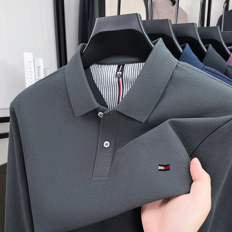 100% pure cotton autumn and winter high-end men's POLO shirt fashion brand embroidery business casual lapel long sleeved shirt