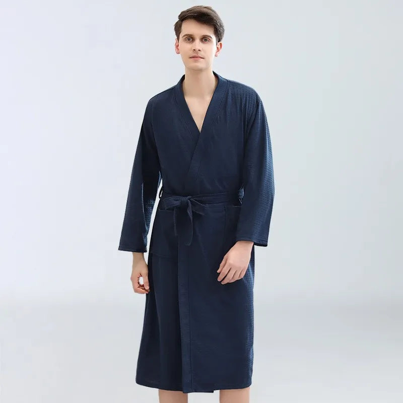 Men's Waffle Robe Long-Sleeve Solid Color Sauna Suit Soft And Breathable Bathrobe Ideal for Home Or Relaxation Cozy Loungewear