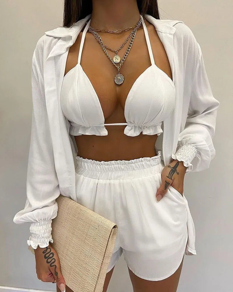 2024 New Bathing Suit Shorts Cover Up Summer Three Pieces Swimwear Sexy Beachwear High Waist Bikini Set Print Women's Swimsuit