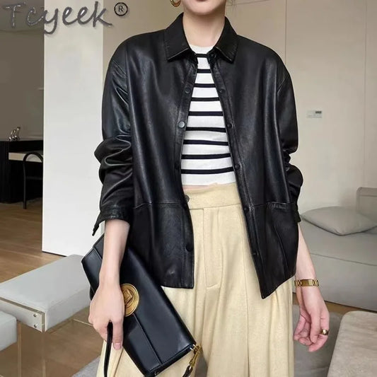Tcyeek Genuine Leather Jacket Women Autumn Real Sheepskin Coats Black Leather Coat Womens Clothing Loose Fit Jaqueta De Couro