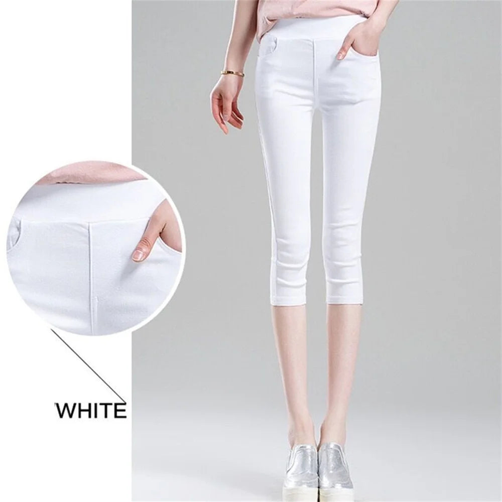 Women Stretchy Capris Pants Elastic Waist Comfy Skinny Cropped Jeans Pants Button Front Casual Breathable