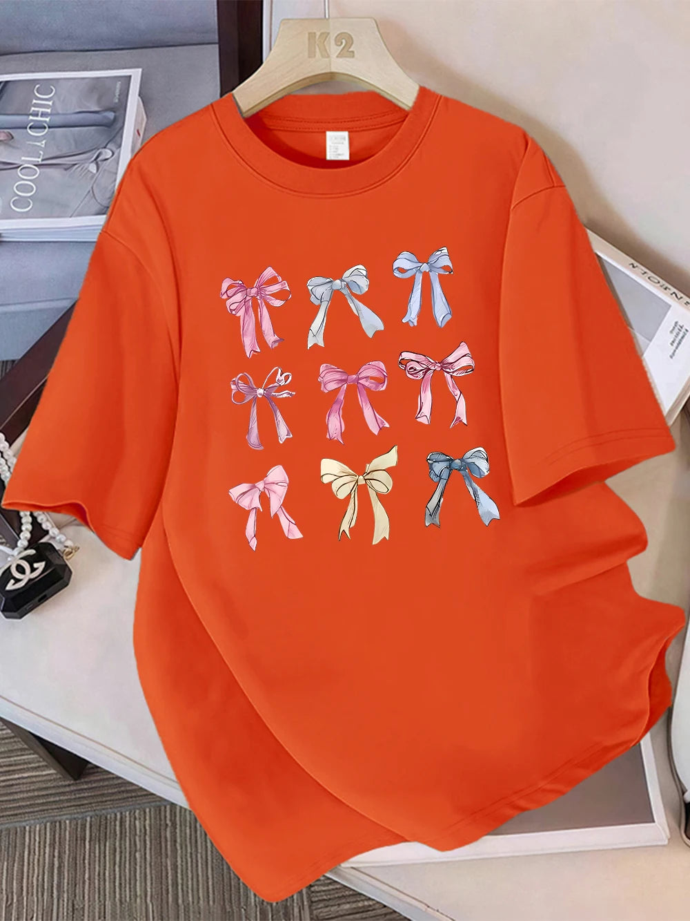 Summer T-Shirts Cotton Womens Colorful Bow Tie Printing Short Sleeve Comfortable Soft O-Neck Tops Holiday Casual Womans Clothes