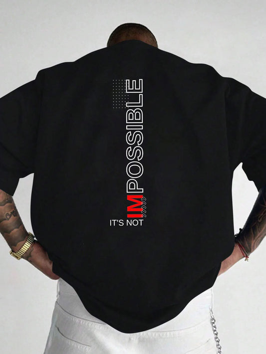 100% pure cotton Men's Short Sleeve T-Shirt - Black Motivational "It's Not Impossible" Print Loose Fit Casual Round Neck Breat