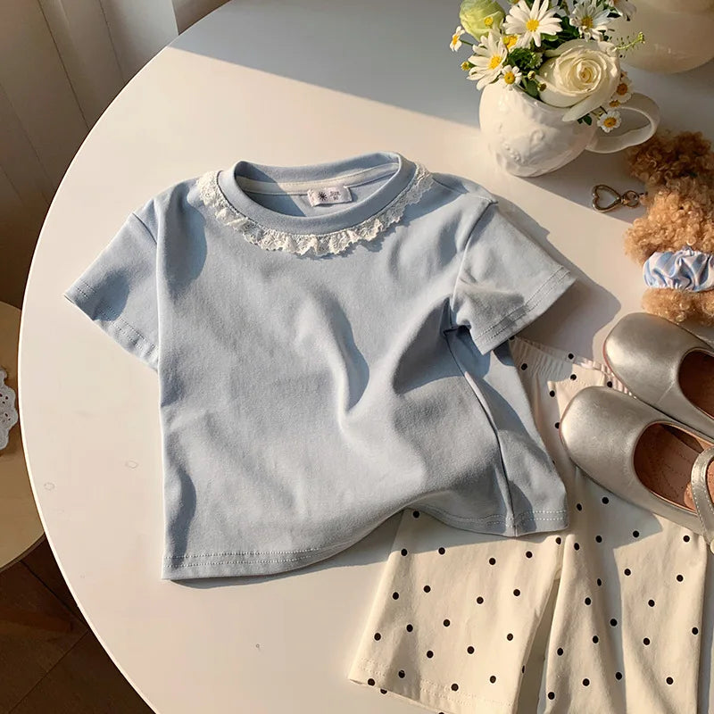 Summer Girls Lace T-shirt Kids Loose Casual Solid Color Short Sleeves Crewneck Tops Baby Girl Cotton Tees Kids Clothes 1-6Years