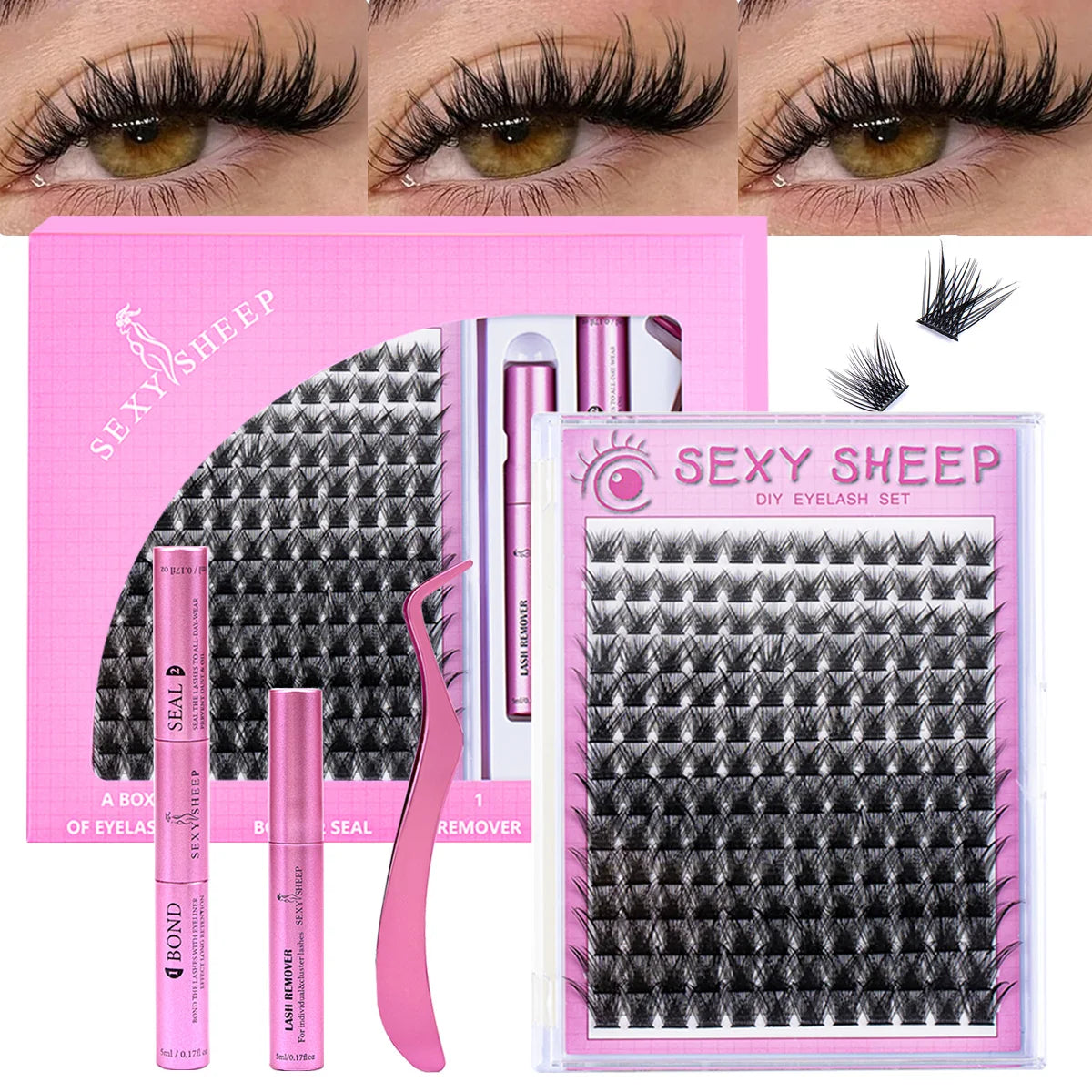 DIY Eyelash Extension Kit Soft Natural Look Wispy Kit with Bond & Seal Tweezers Reusable Cluster Lashes D Curl Individual Lash
