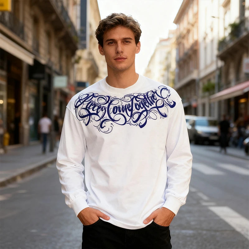 100% Cotton White Long Sleeves T-shirt Men 2025 Autumn New American Retro Street Oversize T-shirt Casual Y2k Top Men clothing