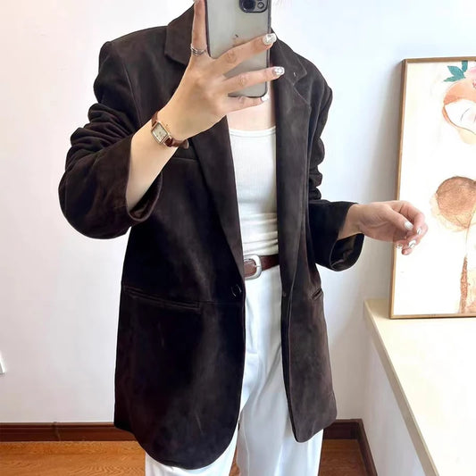 Top layer Suede Suit Jacket for Women 2025 Luxury Imported Kid Suede 100% Leather One Button Back Cut Coat Linda Fuchsia Ceket