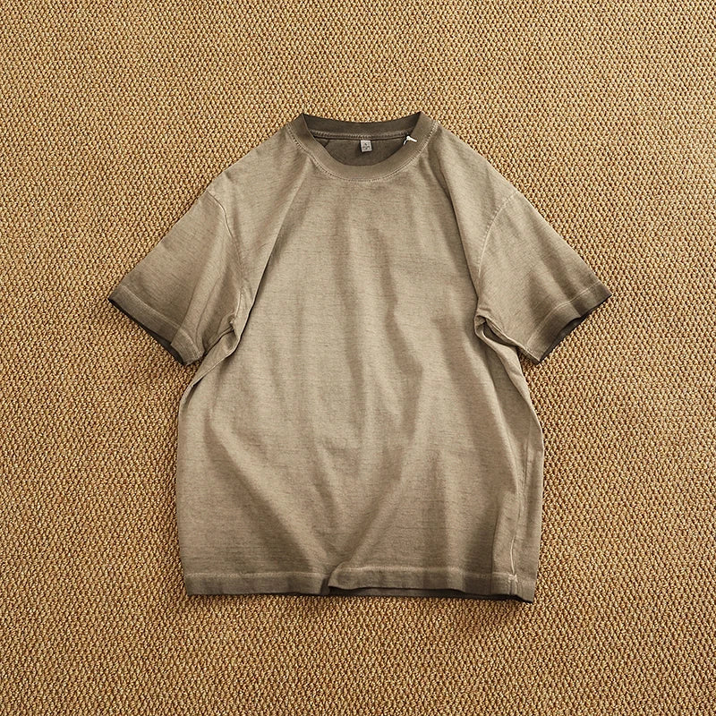 100% cotton made old wash short sleeve T-shirt men's round neck loose drop rotator sleeve solid color half sleeve T