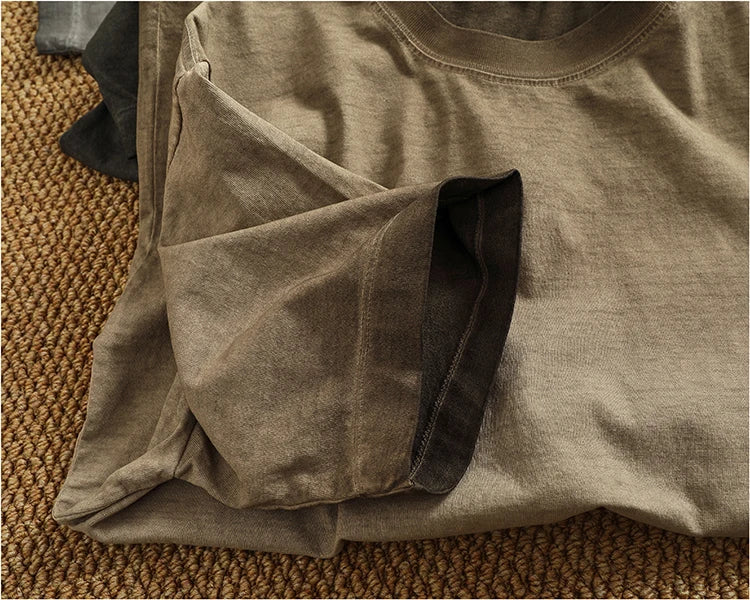 100% cotton made old wash short sleeve T-shirt men's round neck loose drop rotator sleeve solid color half sleeve T