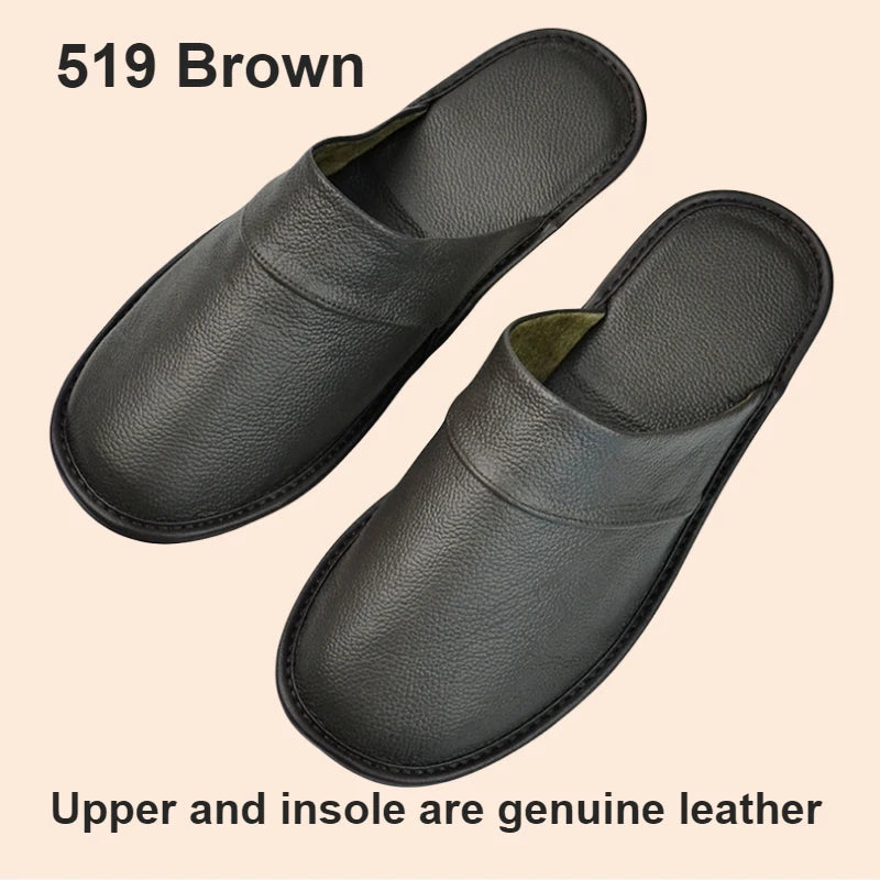 Genuine Cow Leather Slippers Homes in indoor slipper Spring Autumn summer men women elderly non-slip casual single Slides shoes