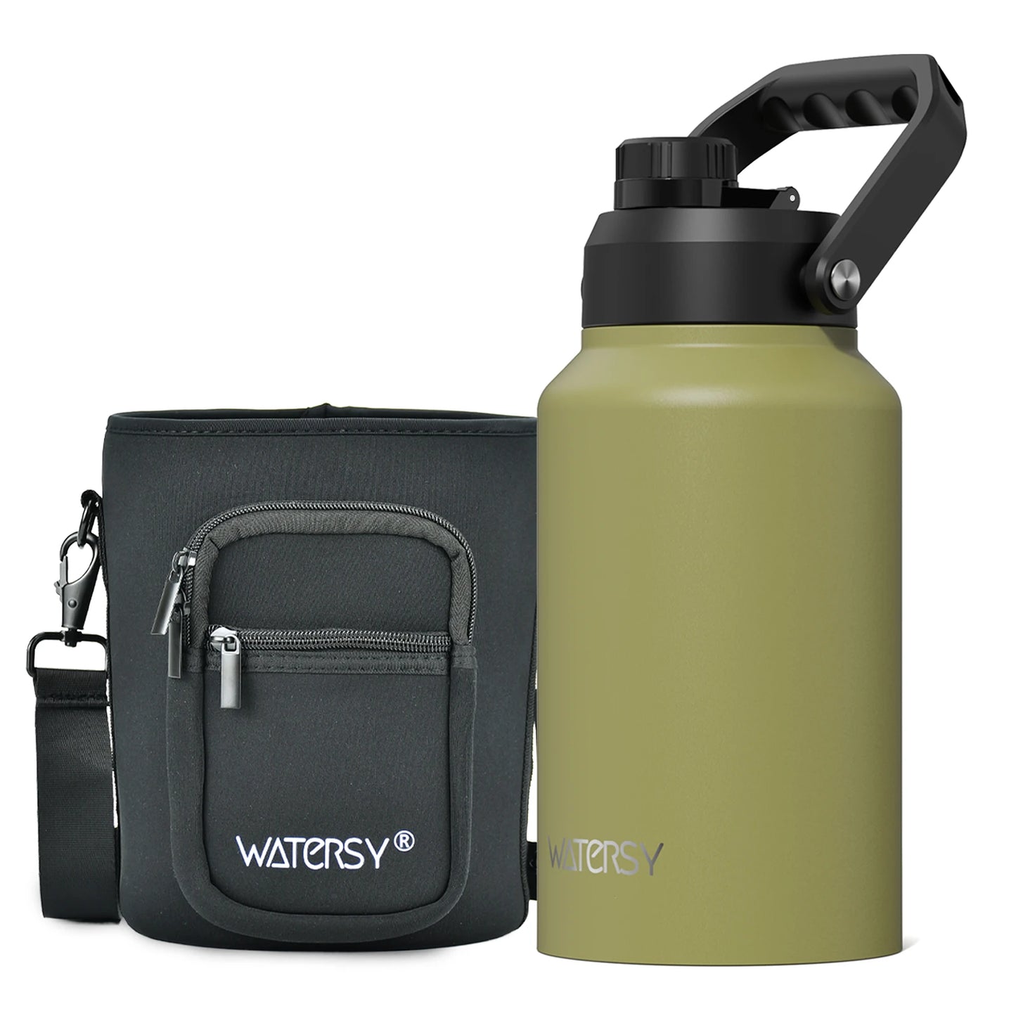 WATERSY 64/87/128oz Insulated Water Bottle Keep Cold for 48H 2L Large Stainless Steel Thermos with Handle for Gym Hiking Camping