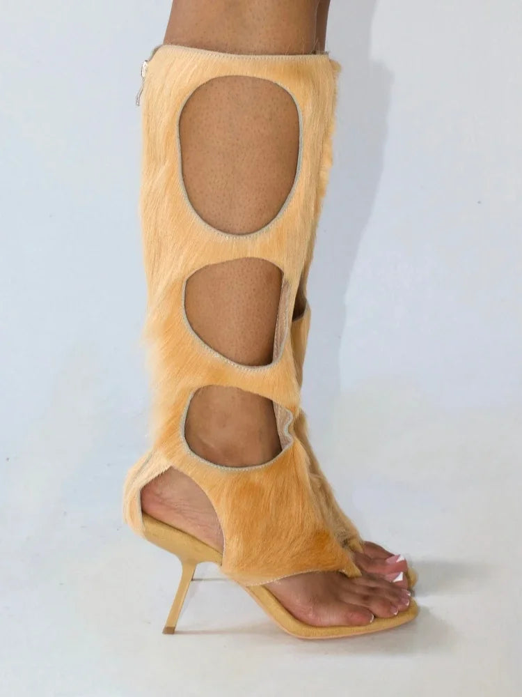 2025Women's SummerLeather Stiletto High Heels Hollow Knee Cool Boots European and American Horse Hair Fashion Show Shoes