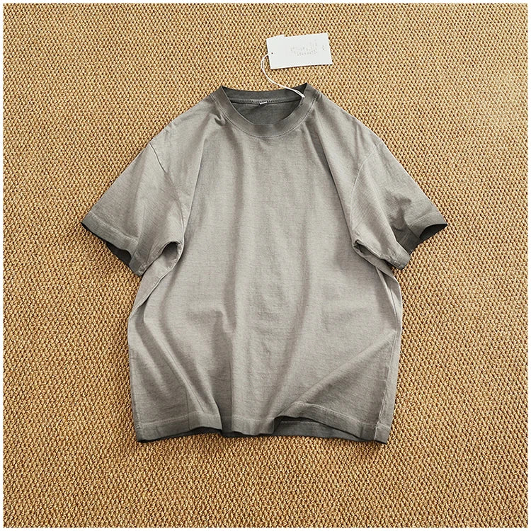 100% cotton made old wash short sleeve T-shirt men's round neck loose drop rotator sleeve solid color half sleeve T