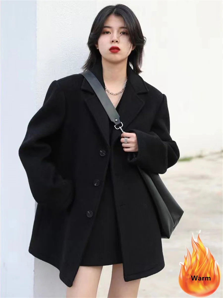 Korean Warm Mid Length Woolen Suit Coat Thick V Neck Women New Loose Parkas Winter Single Breasted Wool Blend Jackets Casaco