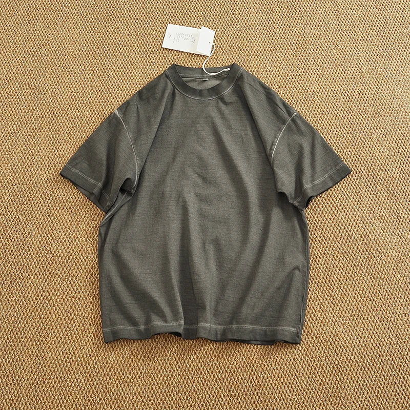 100% cotton made old wash short sleeve T-shirt men's round neck loose drop rotator sleeve solid color half sleeve T