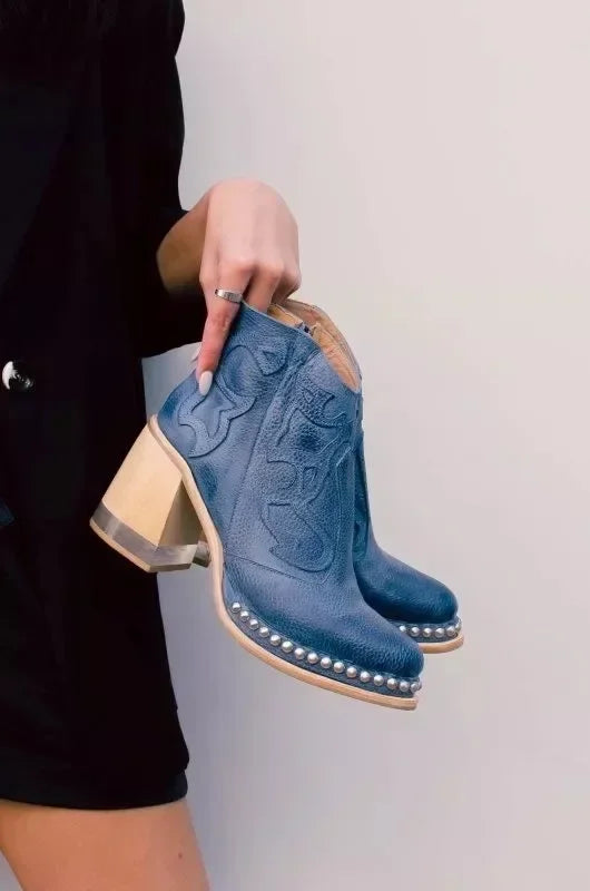 Female Ankle Boots Leather Women's Shoes Low Heel Cool British Embroidered Design Soft Short Boots Party Ladies Footwear PU 024