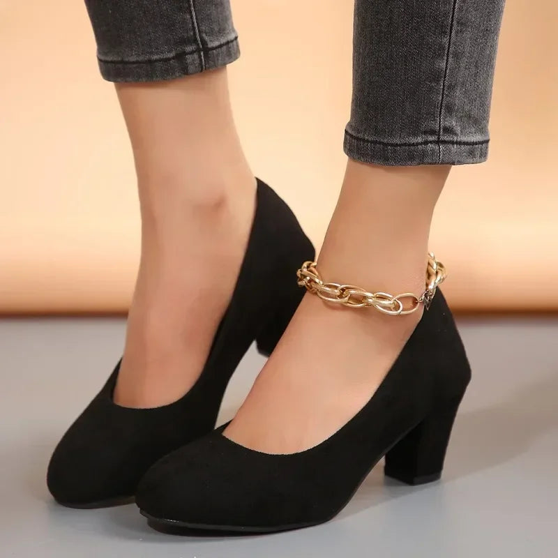 Autumn Single Shoes Women's Fashion New Round Toe Shallow Suede Cover Foot Non-slip Wear-resistant High Heels