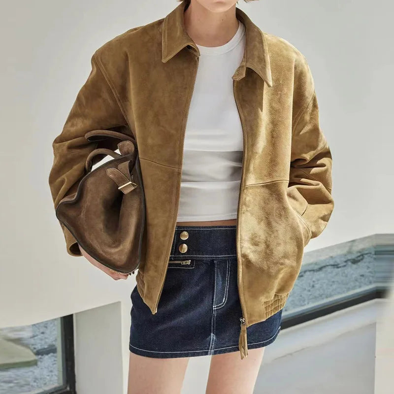 Brown Suede Jacket Spring Women Sheepskin Vintage Old Money Style Wide Shoulder Casual Baseball Leather Coat Giacca Pelle Donna