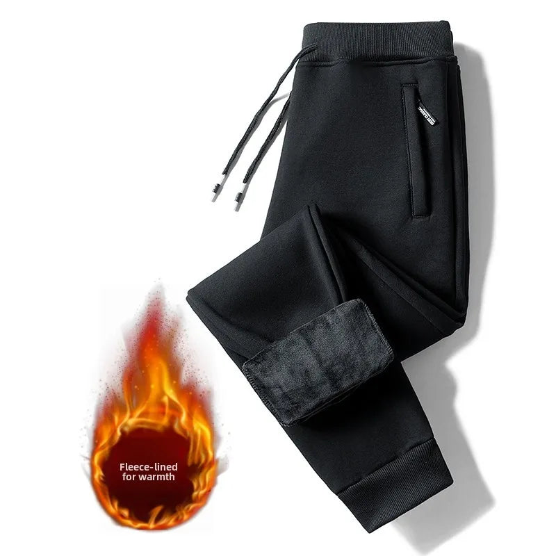 Men's Fleece Lined Trousers Loose Fit Straight Leg Casual Pants with Pockets Zipper Closure Autumn Winter Outerwear