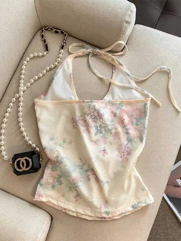 Summer Floral Halter Top Women Sweet Fairy Lace Bow Slim Fit Sleeveless Blouse Elegant Cute Mesh Transparent Layer Shirt Vest