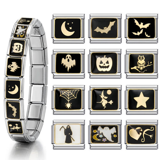1pc Y2K Cute Gothic Italian Charm Bracelet Stainless Steel DIY Making Ghost Pumpkin Spider Bat Halloween Fashion Jewelry