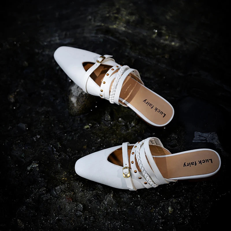Ods Footwear Designer Rivet Women Flats Slippers Shoes Mules Female Slides Fashion Pointed Toe Ladies Flats Slippers Sandals 40