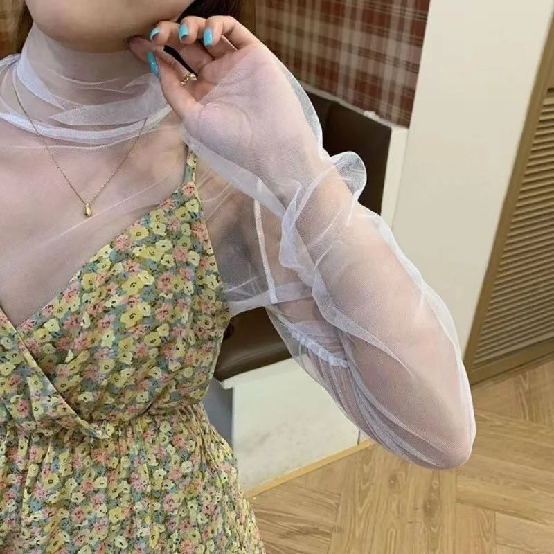 Summer Women T Shirts Hollow Out Fishnet Bottoming Shirt Korean Fashion Long Sleeve Mesh Tops Green White Top Tees Women Clothes