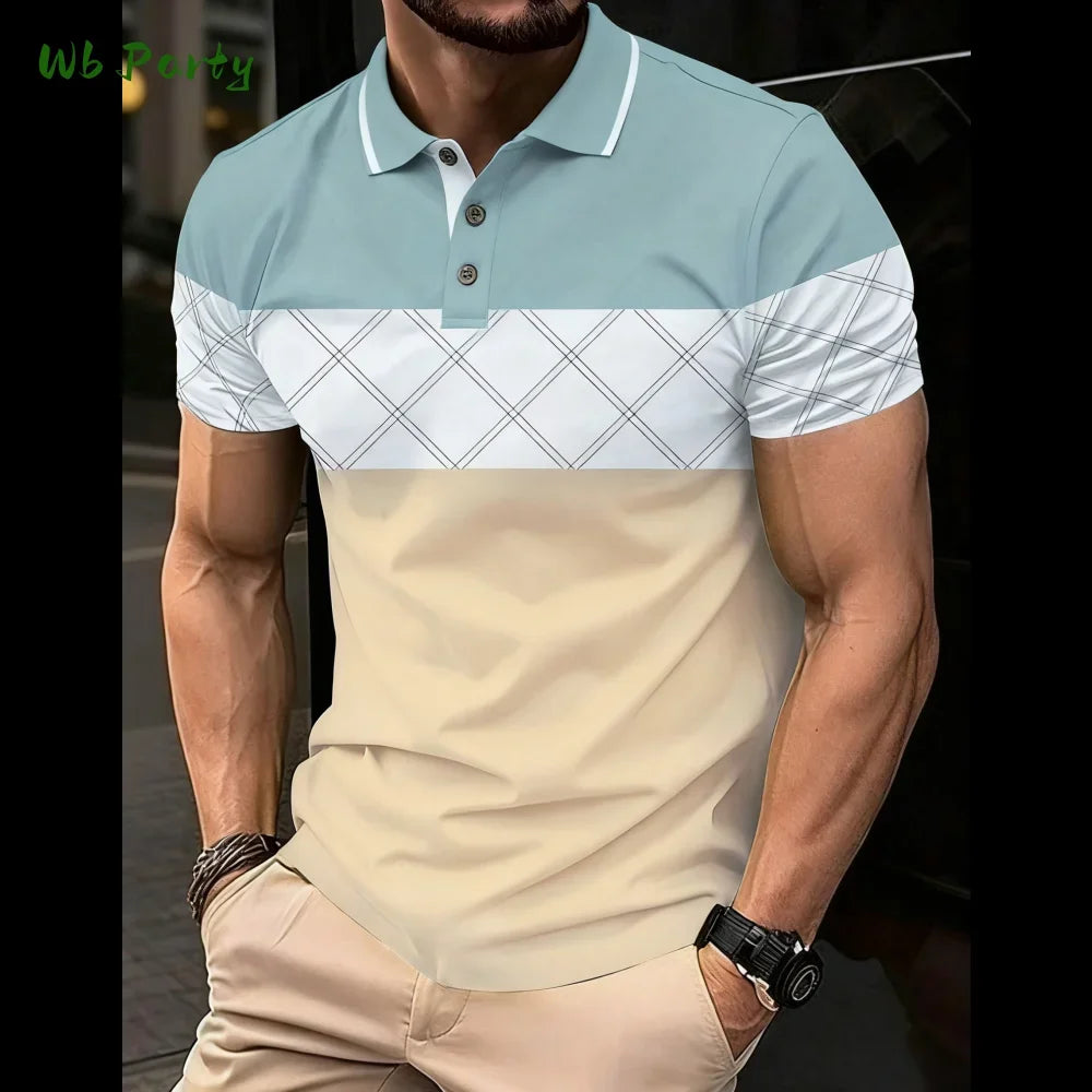Summer men's polo men's casual short-sleeved polo shirt with striped color block design, sporty polo style collar polo shirt for